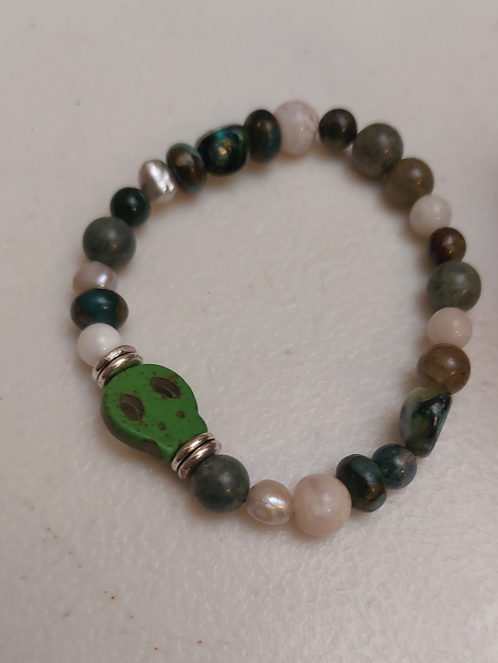 Green Earthtones Gemstones and Pearls Stretch Bracelet Green Skull Focal